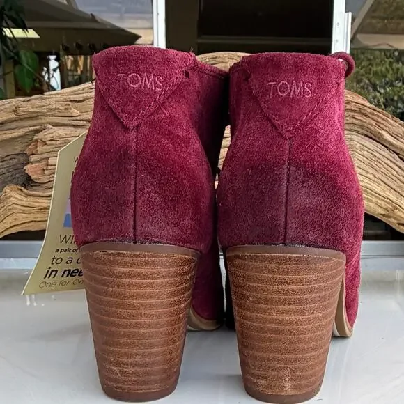 TOMS Lunata Oxblood Suede Booties Block Heel Lace Up Ankle Boots Size 6 - Picture 3 of 9